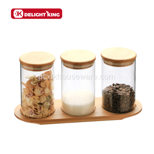 Conjunto de jarras de armazenamento de vidro para cozinha com tampa de bambu